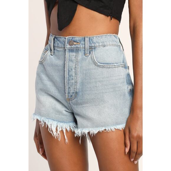 Cello Rip Tide Light Wash High Rise Frayed Hem Denim Shortie Shorts NEW - Picture 1 of 13